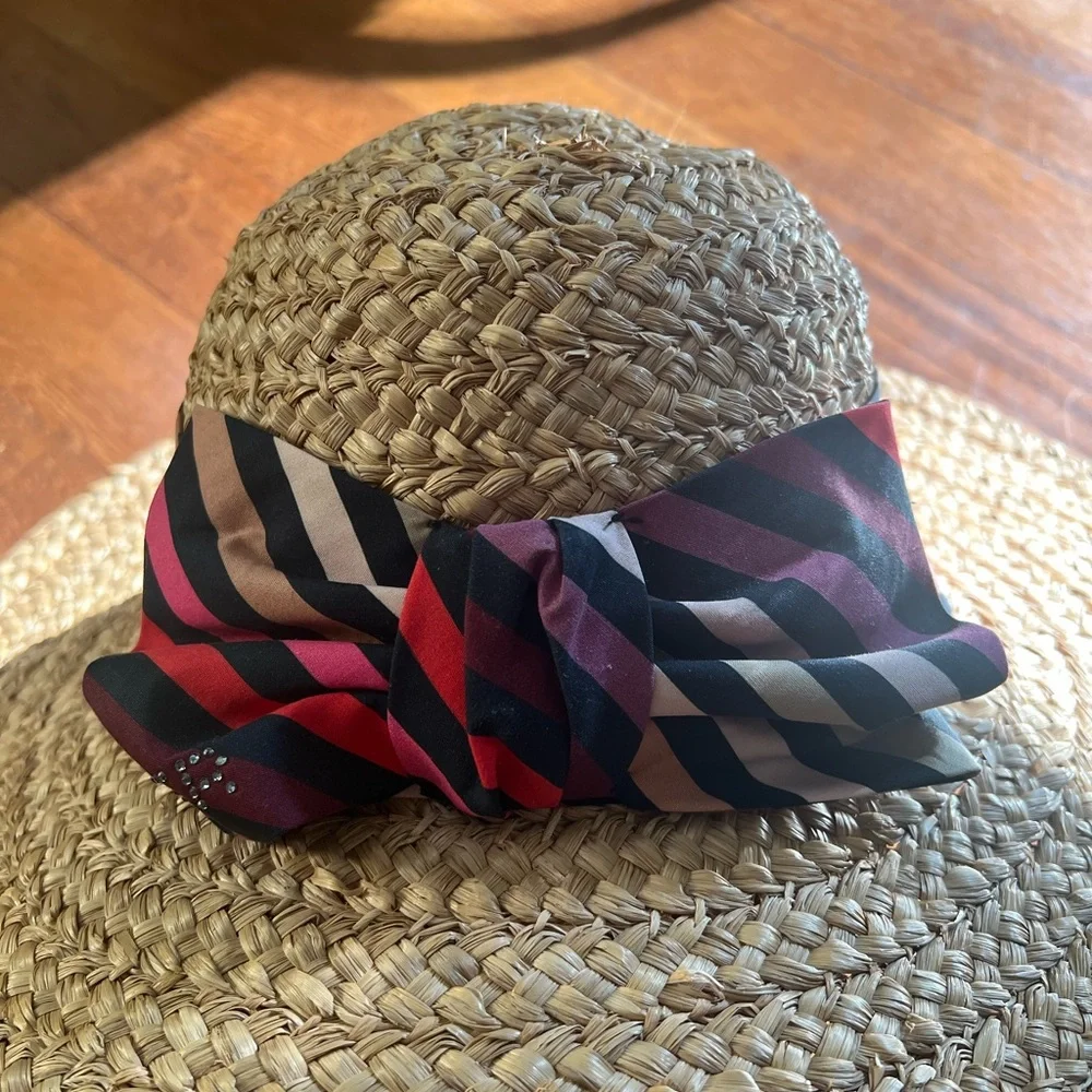 Sonia Rykiel straw hat with stripe bow *flaw* tan beige multicolor vintage y2k